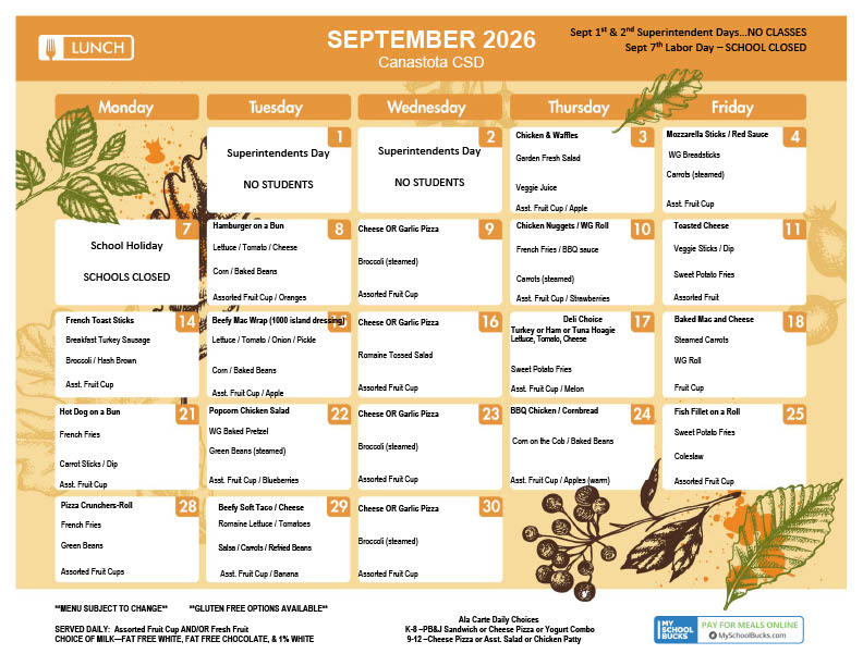 A September 2026 monthly calendar grid with a warm orange background and leaf decorations.