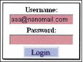 A login screen displays fields for 'Username' and 'Password', with 'aaa@nanomail.com' entered in the username field.