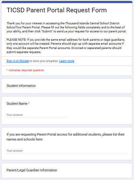 Screenshot of the TICSD Parent Portal Request Form, asking for student and parent/legal guardian information.
