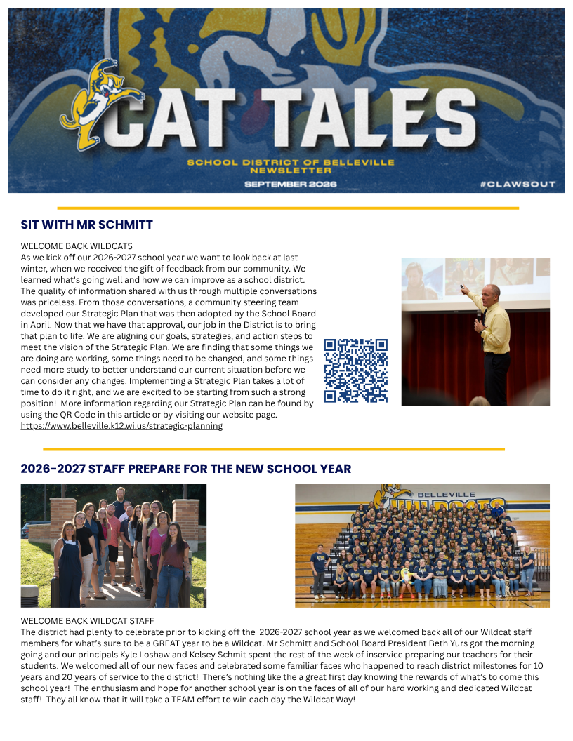 A school newsletter page titled 'Cat Tales' with articles, photos, and a QR code.