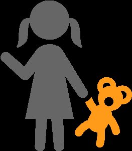 A gray silhouette of a child with pigtails stands next to an orange teddy bear.