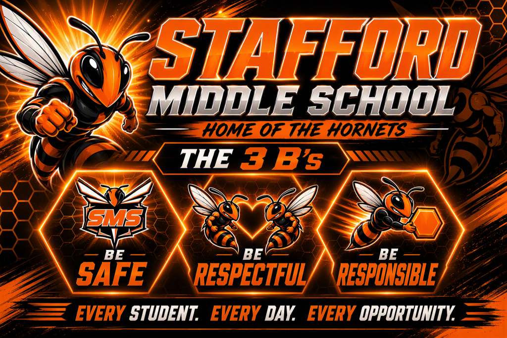 Stafford Middle School logo featuring a mascot bee and the motto 'The 3 B's: Be Safe, Be Respectful, Be Responsible'.