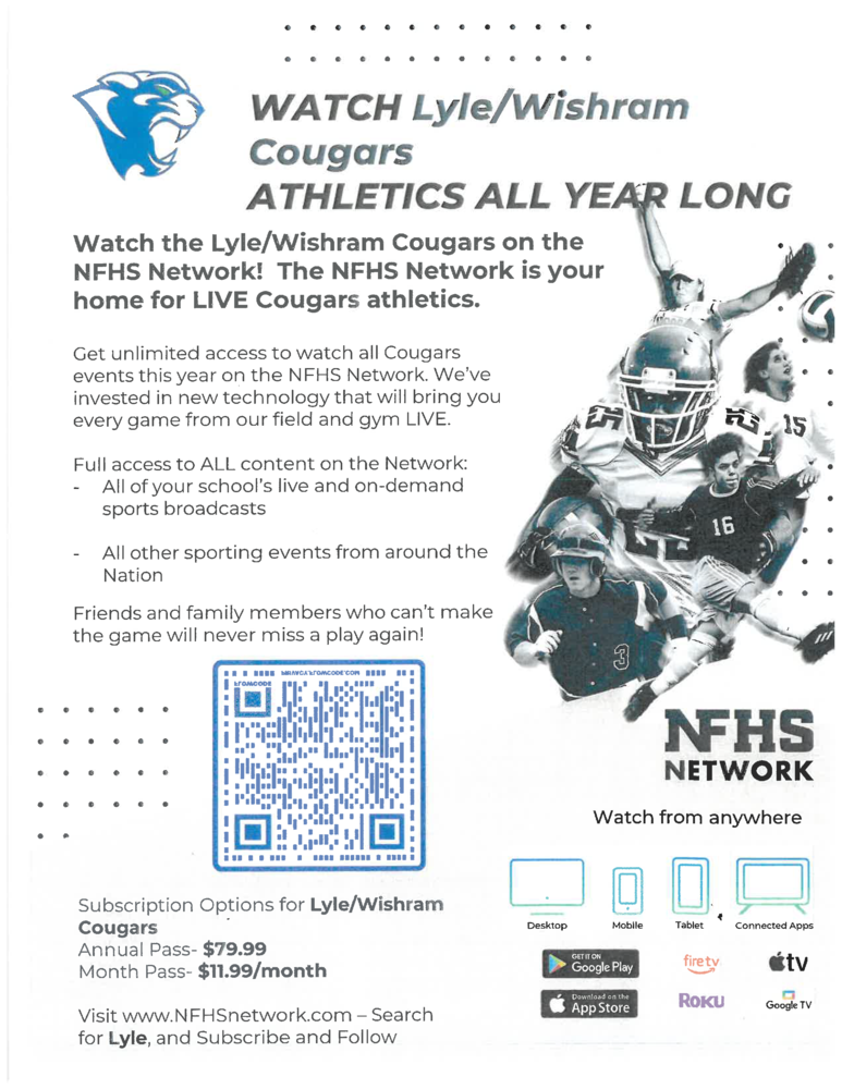 Poster advertising Lyle/Wishram Cougars athletics on the NFHS Network, featuring a QR code and sports imagery.