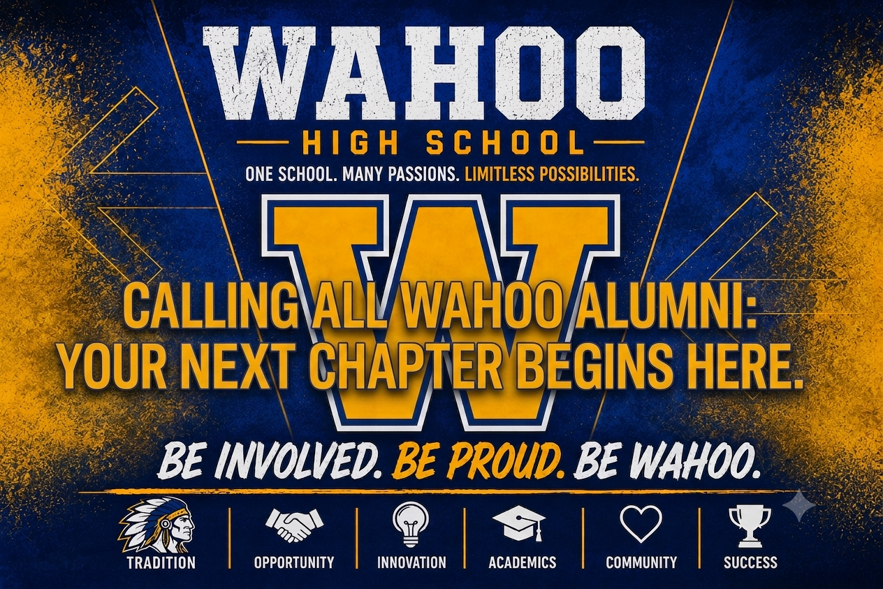 A graphic promoting Wahoo High School alumni involvement with a bold yellow 'W' on a blue background.