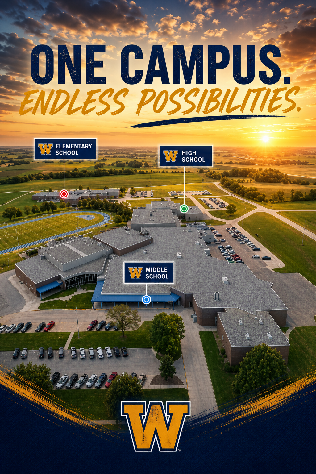 Aerial view of a school campus with text 'ONE CAMPUS. ENDLESS POSSIBILITIES.' and markers for Elementary, Middle, and High Schools.