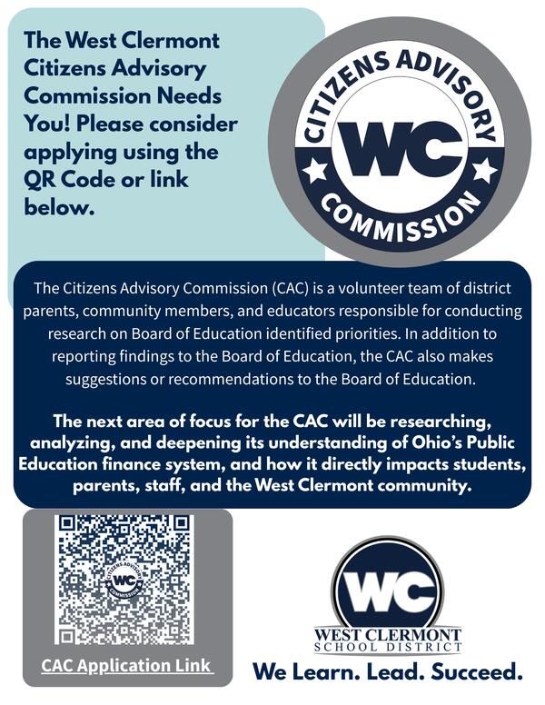 A flyer for the West Clermont Citizens Advisory Commission, featuring their logo and a QR code for applications.