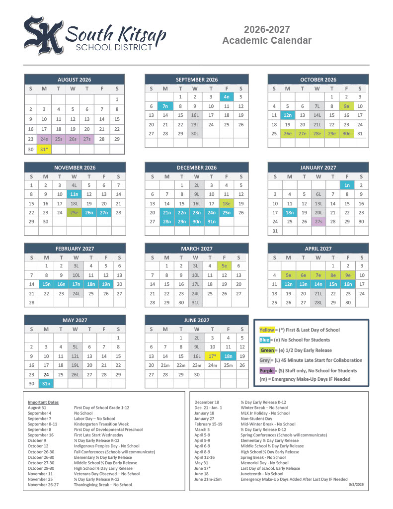 Academic calendar for South Kitsap School District, 2026-2027, showing monthly views.