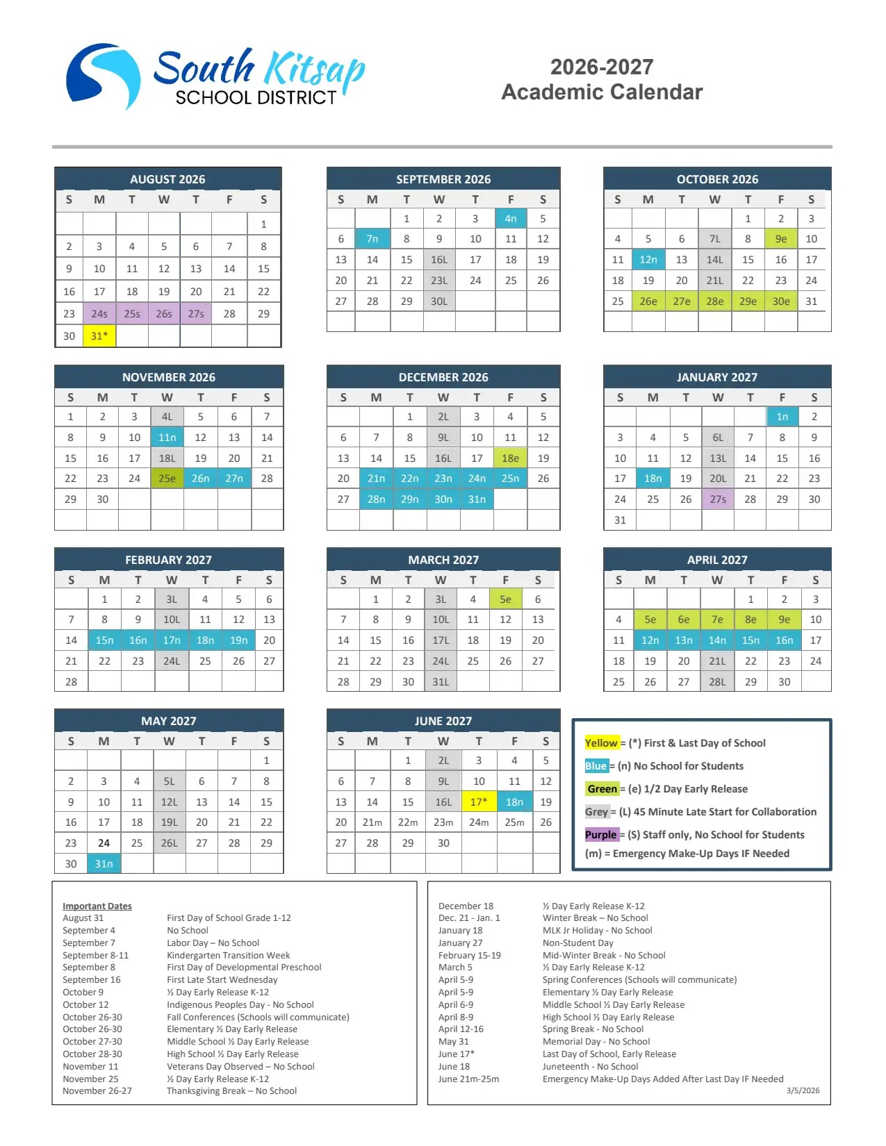 Academic calendar for South Kitsap School District, 2026-2027, showing monthly views.