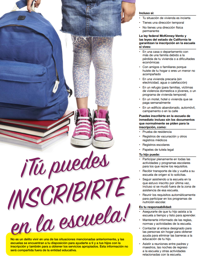 A child stands with a blue backpack and books, ready for school, with Spanish text on the right.