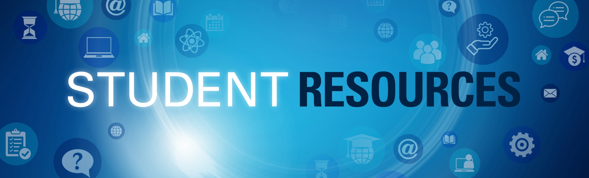 The words 'STUDENT RESOURCES' are displayed in large, glowing text against a blue, abstract background with subtle icons.