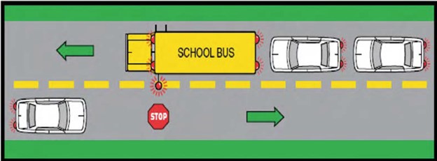A yellow school bus is stopped on a road with cars behind it.