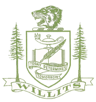 A green crest with a bear, trees, a lamp, and a book, featuring the text 'WILLITS' and 'TODAY DETERMINES TOMORROW'.