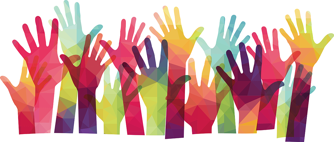 A vibrant display of colorful, raised hands against a white background.