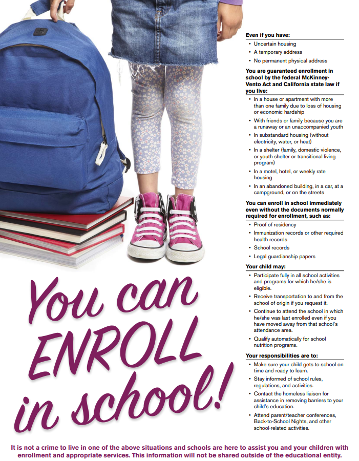 A child stands with a backpack and books, with the text 'You can ENROLL in school!' prominently displayed.