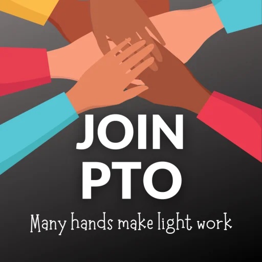 Diverse hands stacked together with the text 'JOIN PTO' and 'Many hands make light work'.