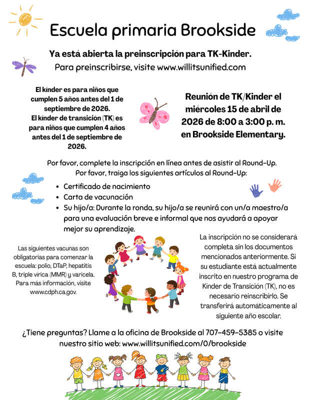 Flyer for Brookside Elementary School's TK-Kinder pre-registration, with colorful illustrations of children and clouds.