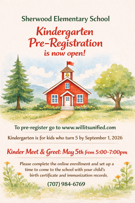 Sherwood Elementary School announces Kindergarten Pre-Registration is open, featuring a charming illustration of a schoolhouse.