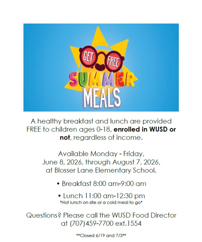 Poster advertising free summer meals for children ages 0-16, with breakfast and lunch times listed.