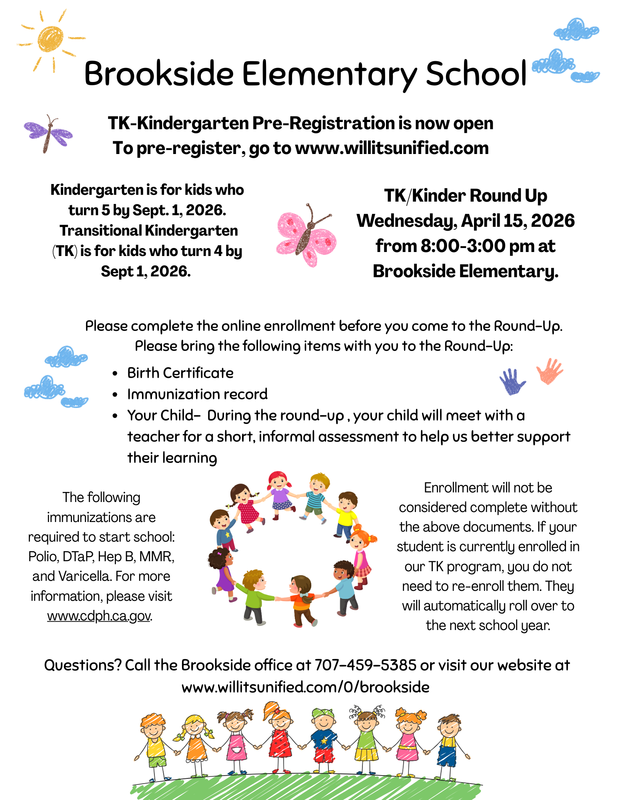 Brookside Elementary School announces TK-Kindergarten Pre-Registration is open, with a Round-Up event on April 13, 2026.