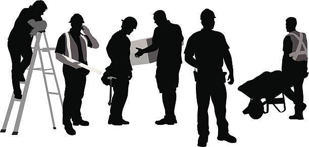 Silhouettes of construction workers collaborating on a project, with one on a ladder.