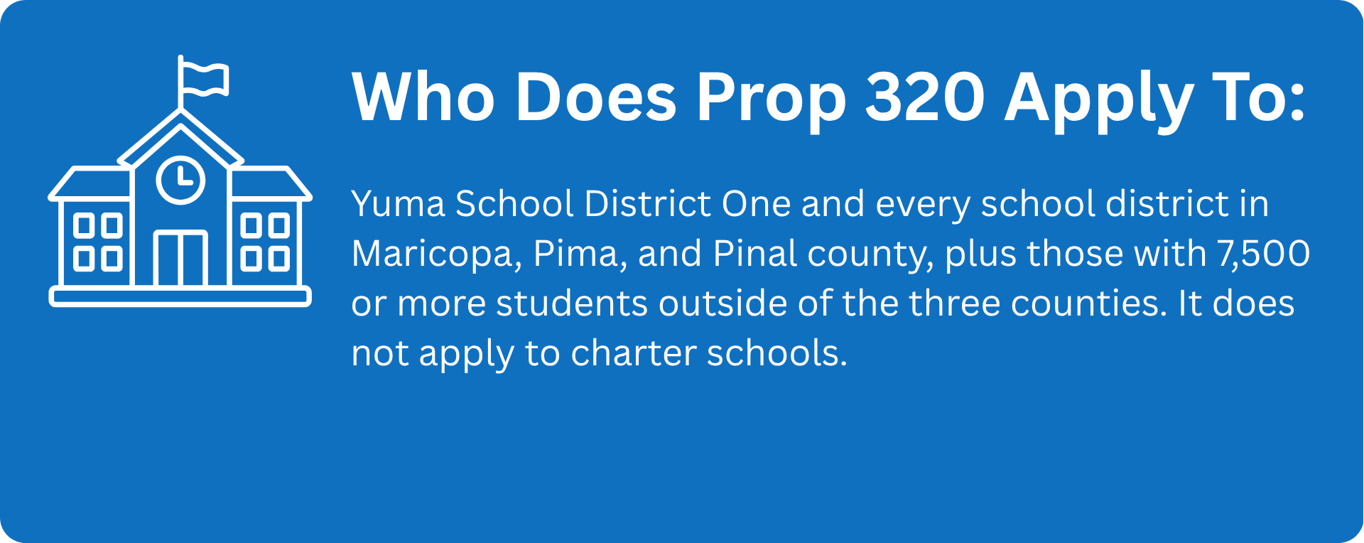 A blue informational graphic asks "Who Does Prop 320 Apply To?" with a school icon and explanatory text.