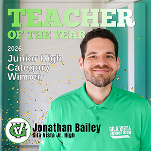 Jonathan Bailey, winner of the 2026 Junior High Teacher of the Year award, smiles in a green polo shirt.