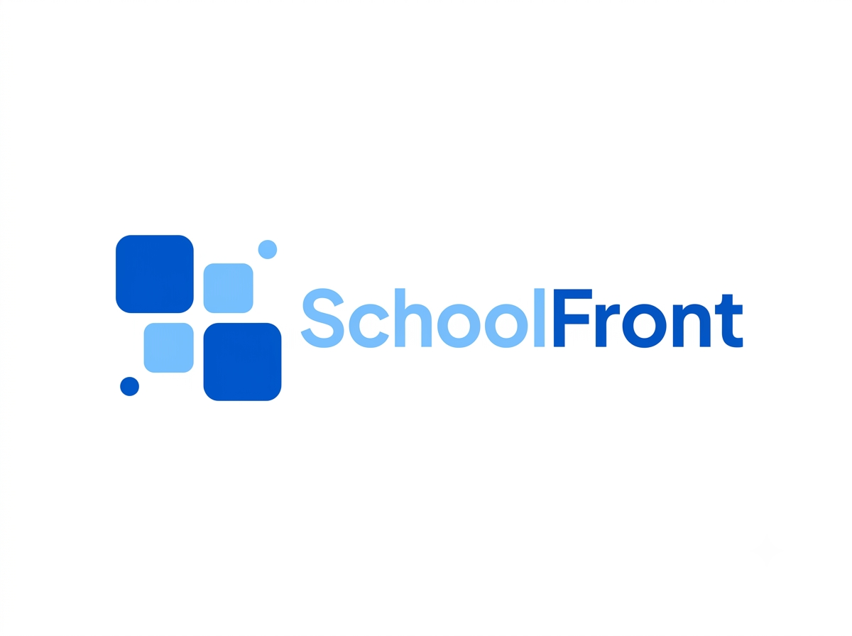The SchoolFront logo features a cluster of blue squares and the text 'SchoolFront'.