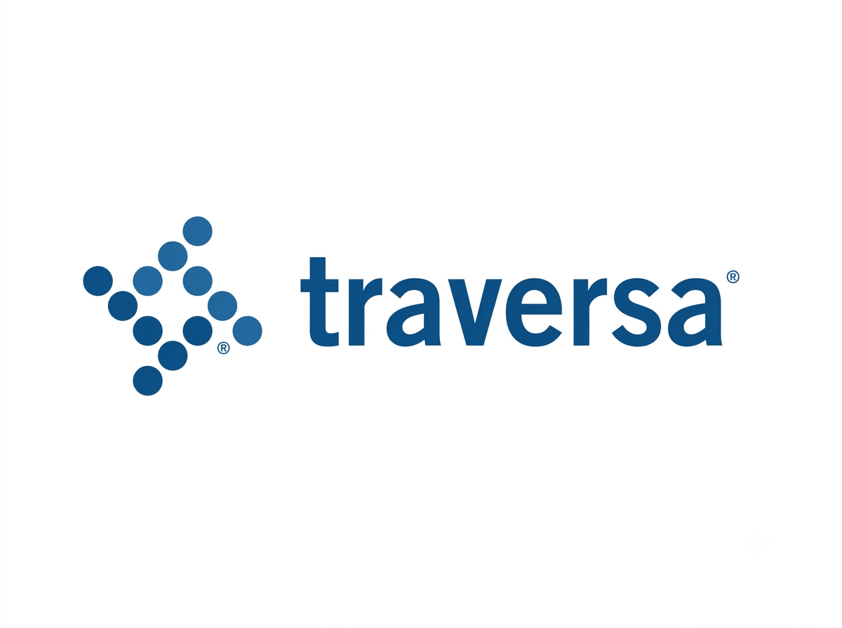 The Traversa logo features a cluster of blue dots forming an arrow shape next to the word 'traversa'.