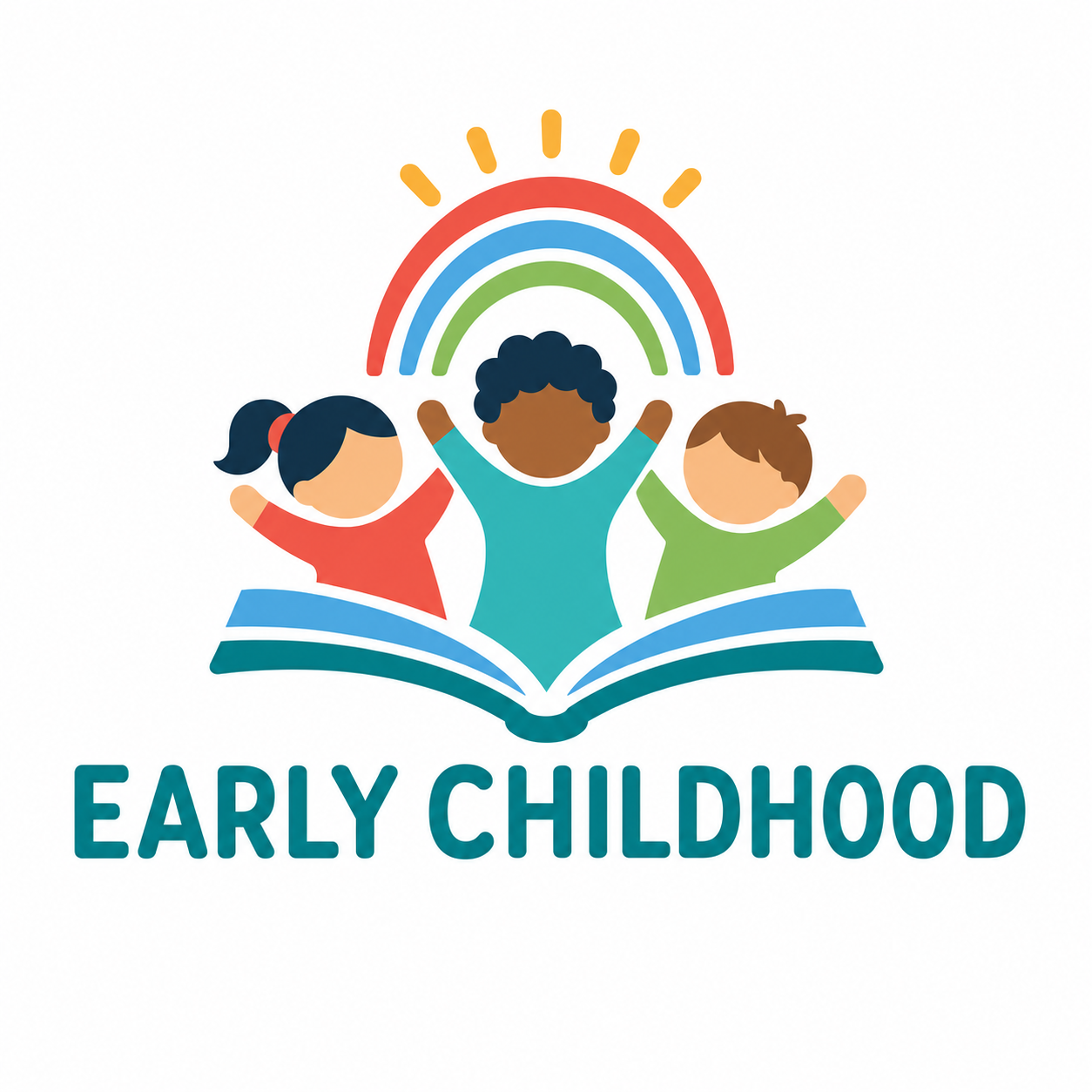Logo for 'Early Childhood' featuring three diverse children with arms raised above an open book, under a rainbow and sun.