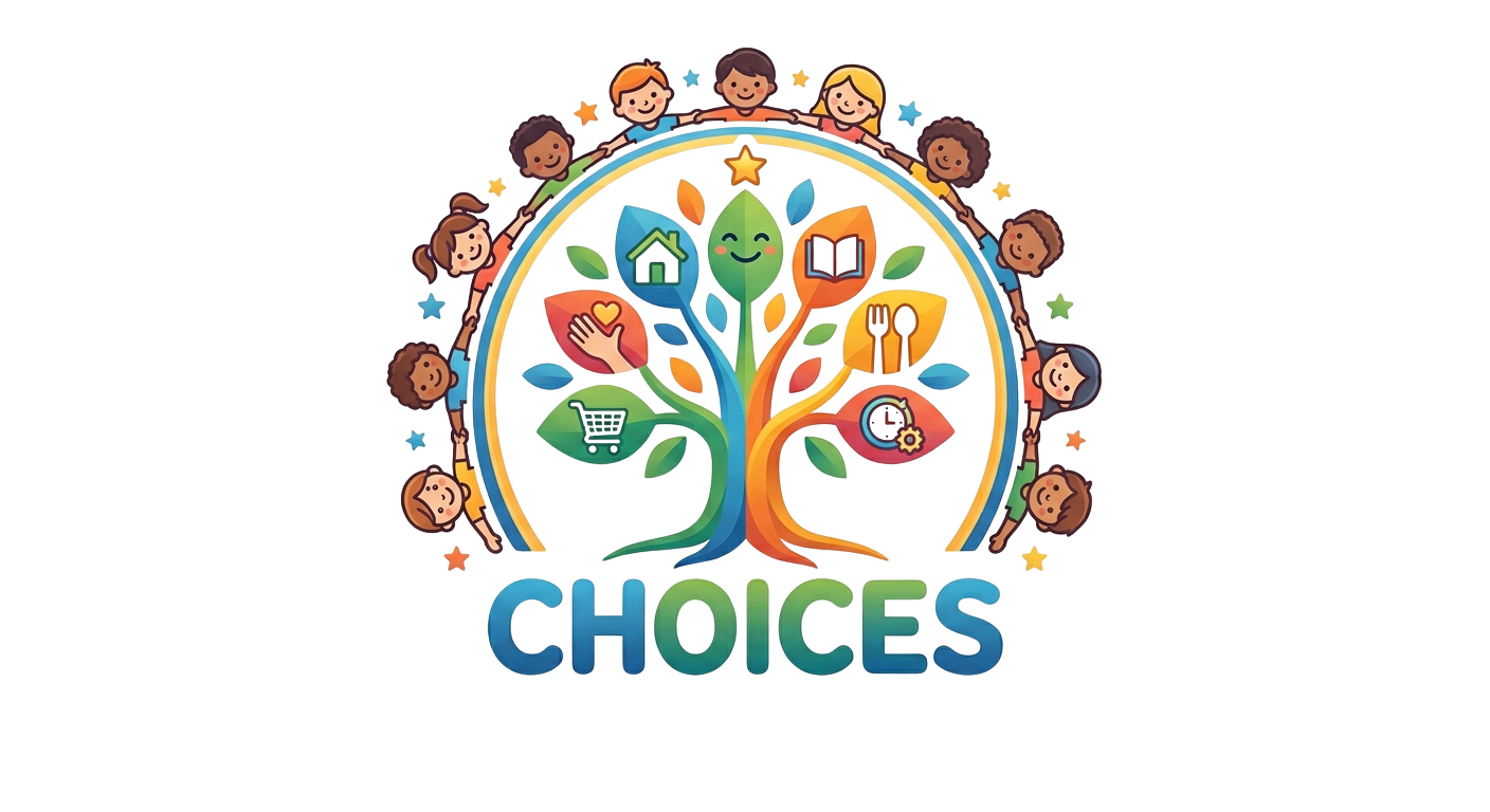 A colorful logo with the word 'CHOICES' below a stylized tree and a circle of diverse people.