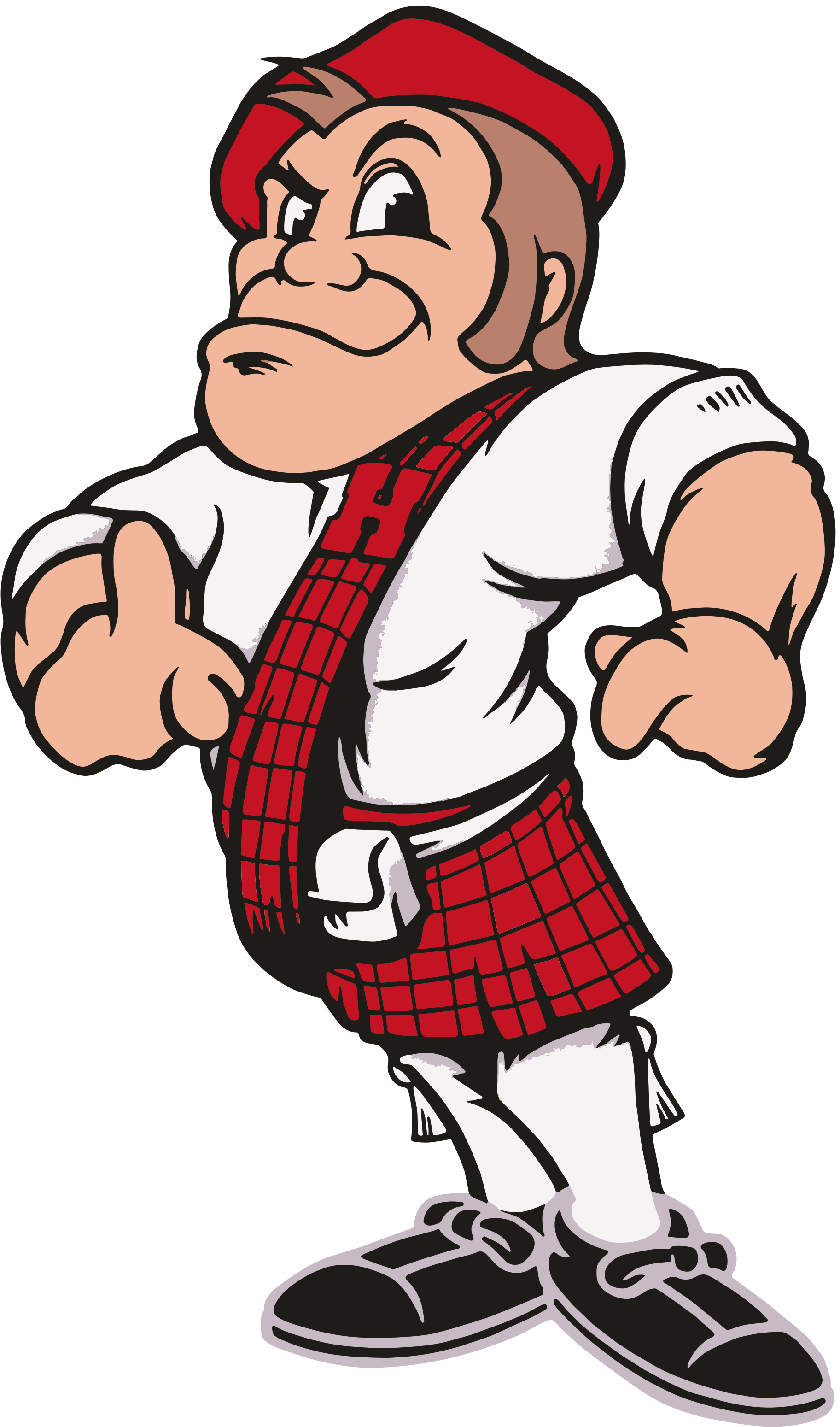 A cartoon mascot character wearing a red tartan kilt, white shirt, and red beret.