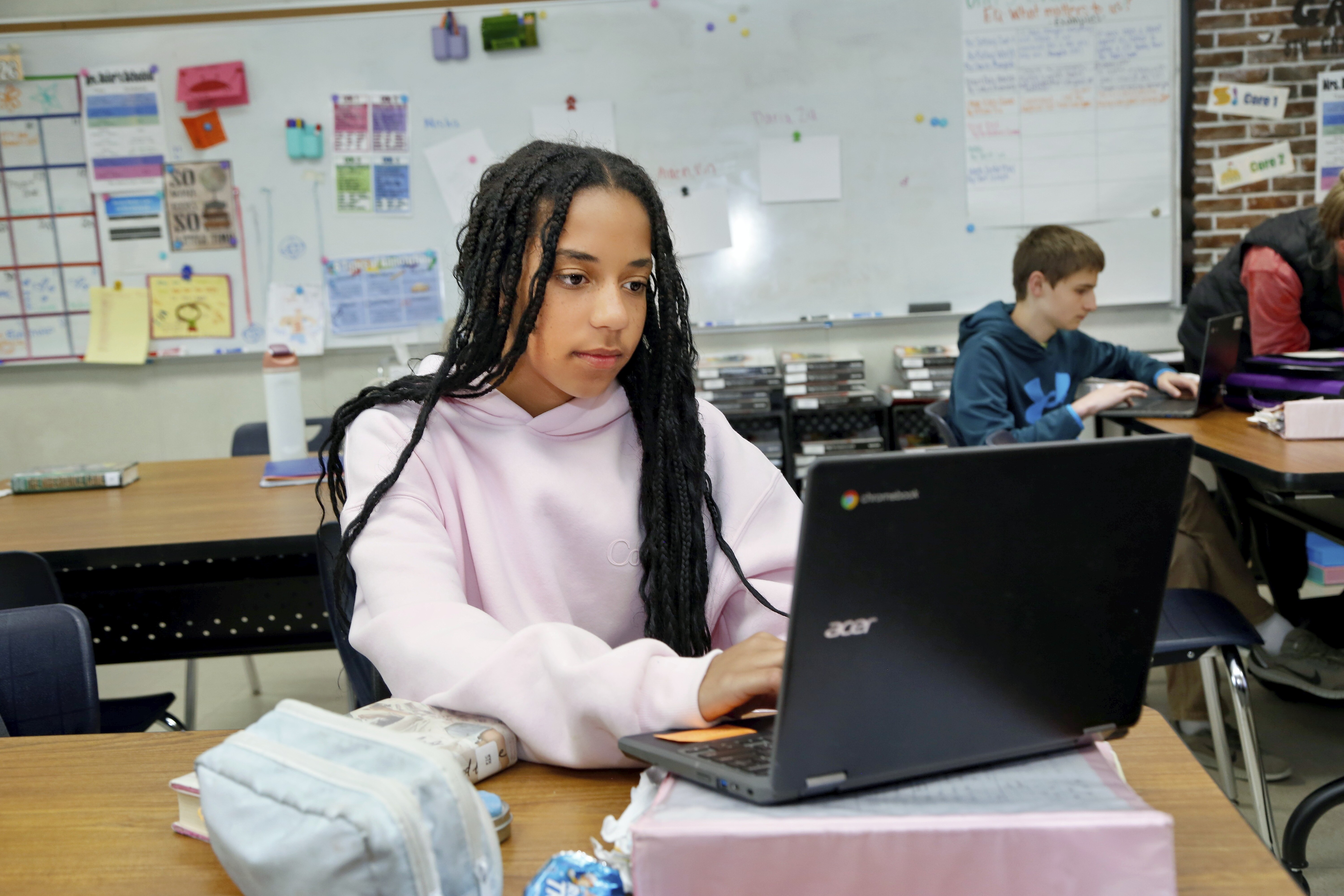 A student with long braids wearing a pink hoodie works on a laptop in a classroom.