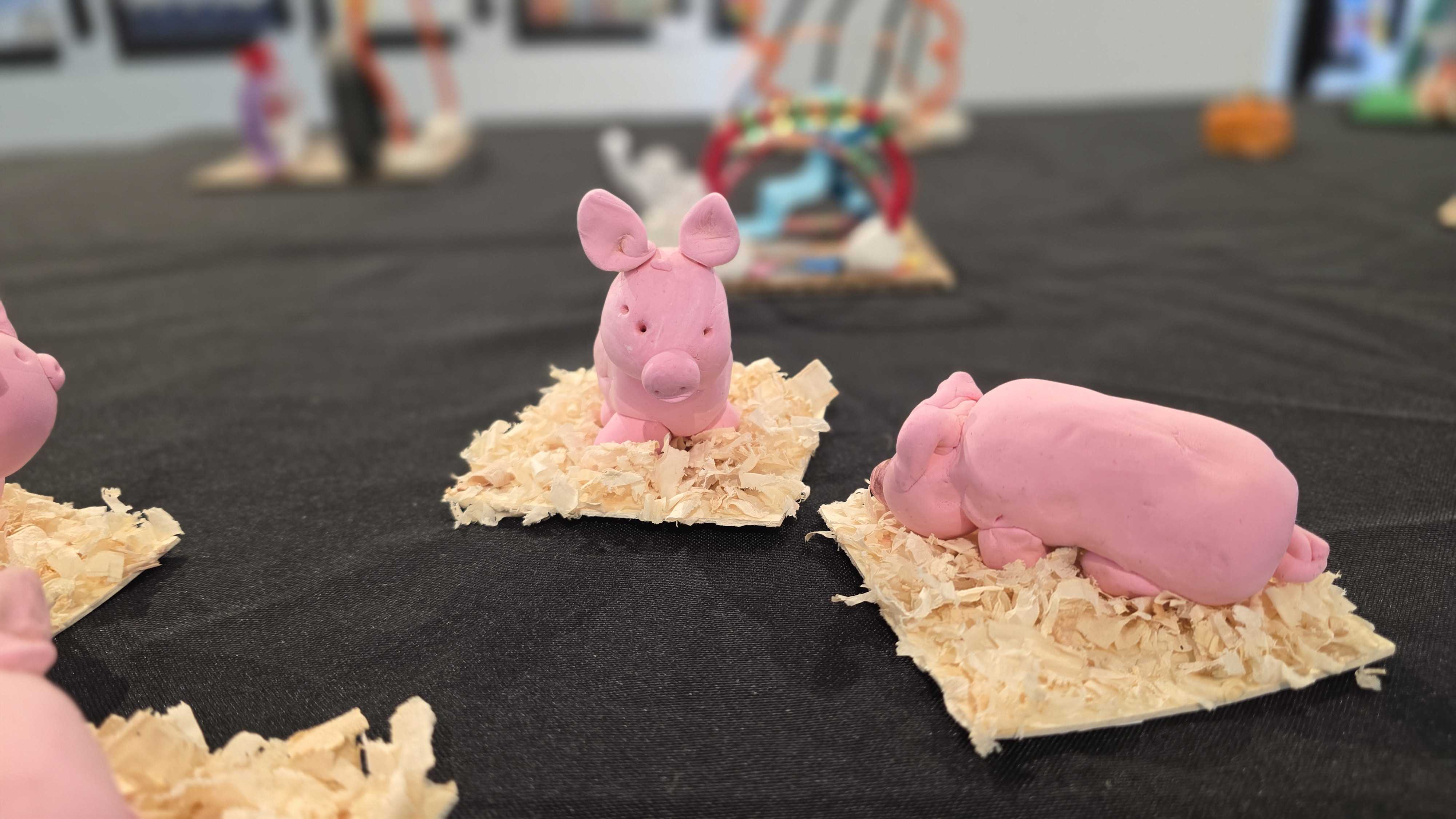 Close-up of pink pig-shaped candies on rice cracker bases, arranged on a black surface.