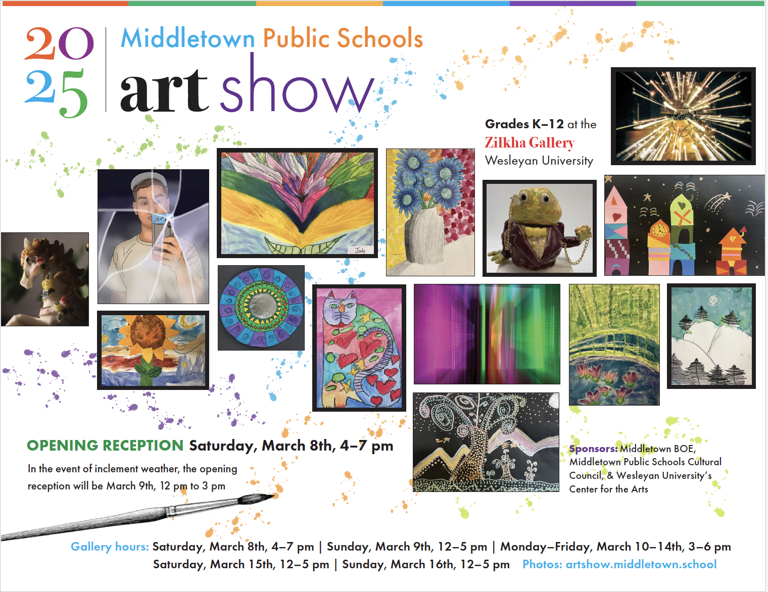Middletown Public Schools 20-25 Art Show poster featuring student artwork and event details.