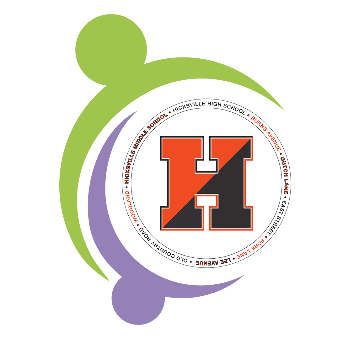 A logo featuring abstract figures in green and purple embracing a circular emblem with a large orange and black 'H'.
