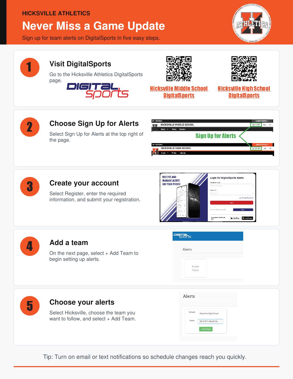 Infographic titled 'Never Miss a Game Update' with 5 steps to sign up for alerts.