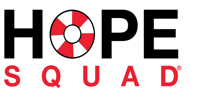 Hope Squad Logo featuring a red and white life preserver ring above the word SQUAD in red letters.