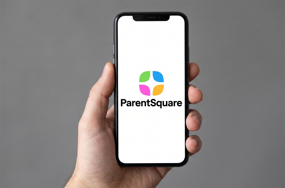 A hand holds a smartphone displaying the ParentSquare app logo.