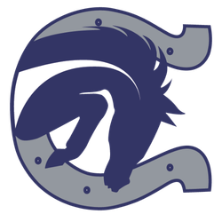 A dark blue horseshoe logo with a stylized badger head inside.