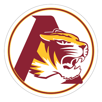 A circular logo featuring a stylized maroon 'A' with a roaring tiger head in yellow and maroon.