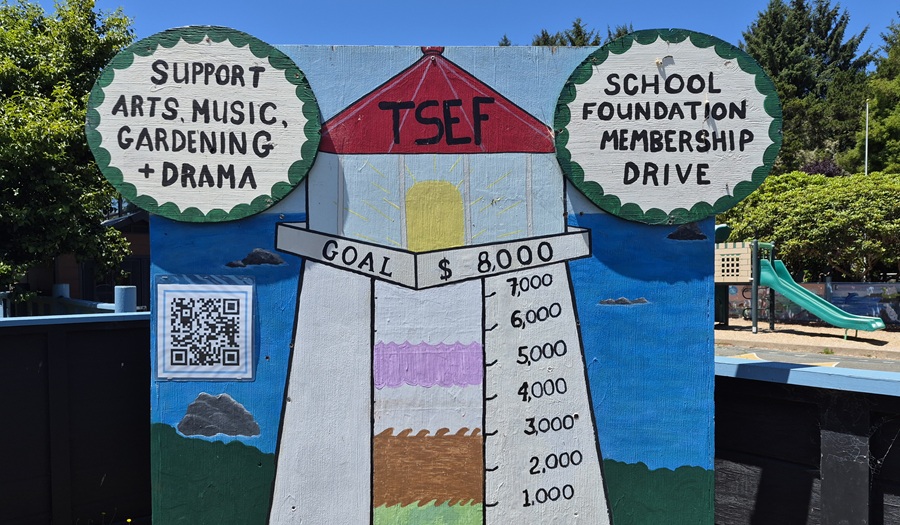A colorful lighthouse-themed display promotes a school foundation membership drive, highlighting arts, music, learning, and drama.