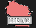 A red outline of the state of Wisconsin with the text "HEAB" in a silver rectangle below.