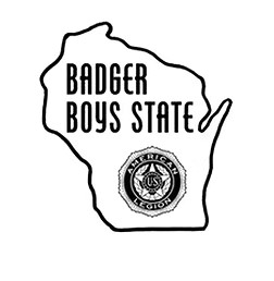 Outline of Wisconsin with 'BADGER BOYS STATE' text and a circular emblem.