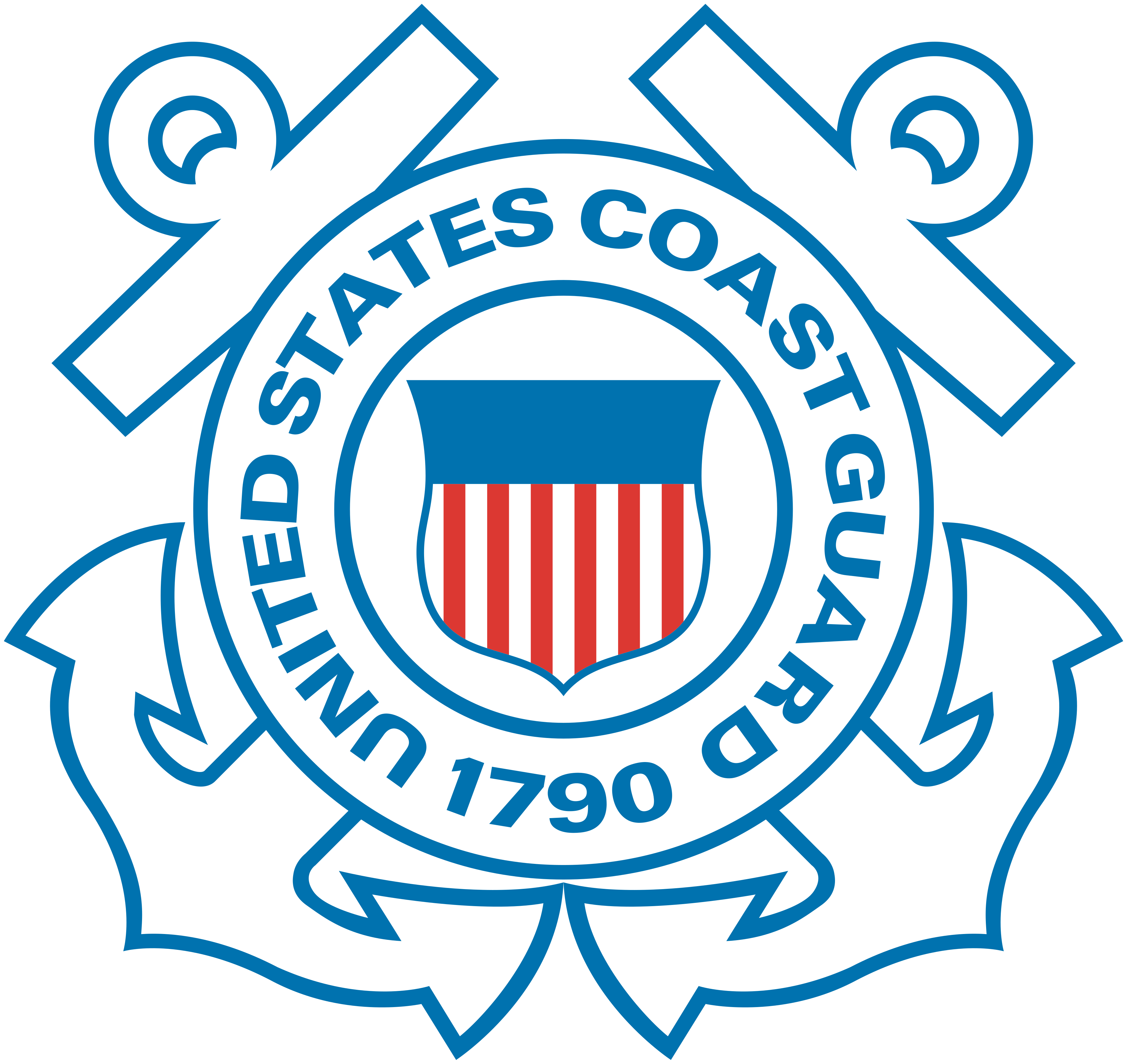 The official emblem of the United States Coast Guard, featuring anchors and the text 'United States Coast Guard 1790'.