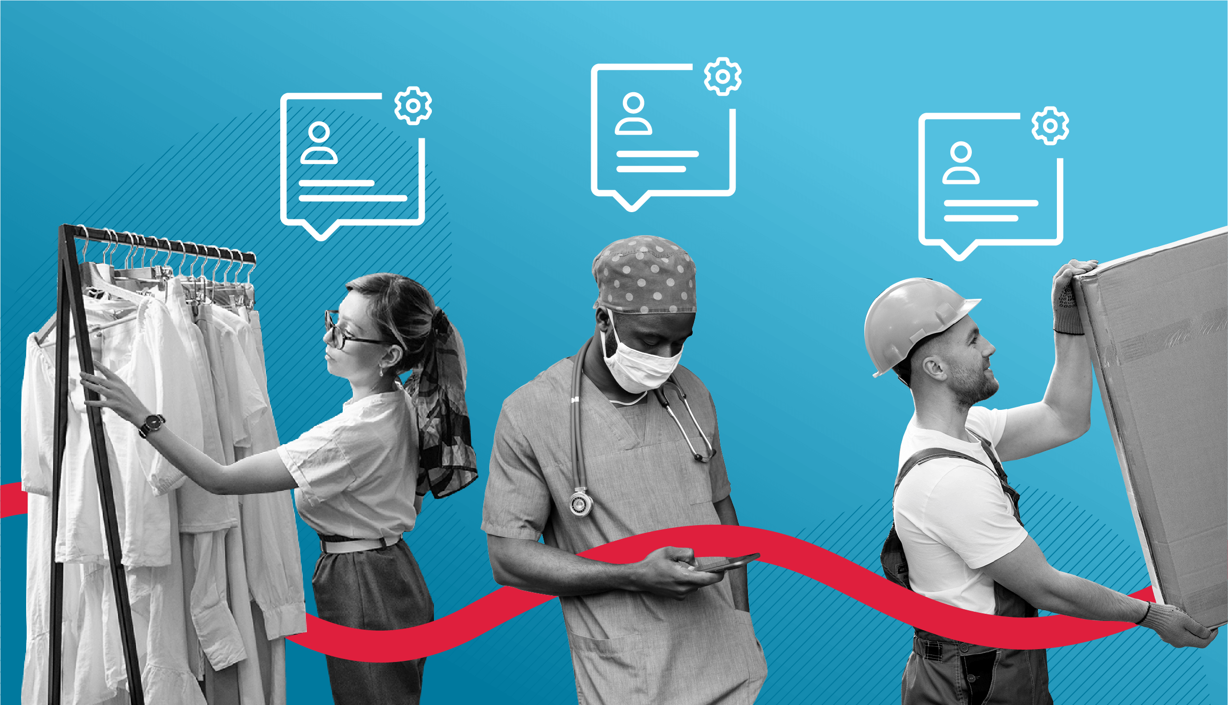 Three individuals representing different professions: a retail worker, a healthcare professional, and a delivery person, against a blue background with notification icons.
