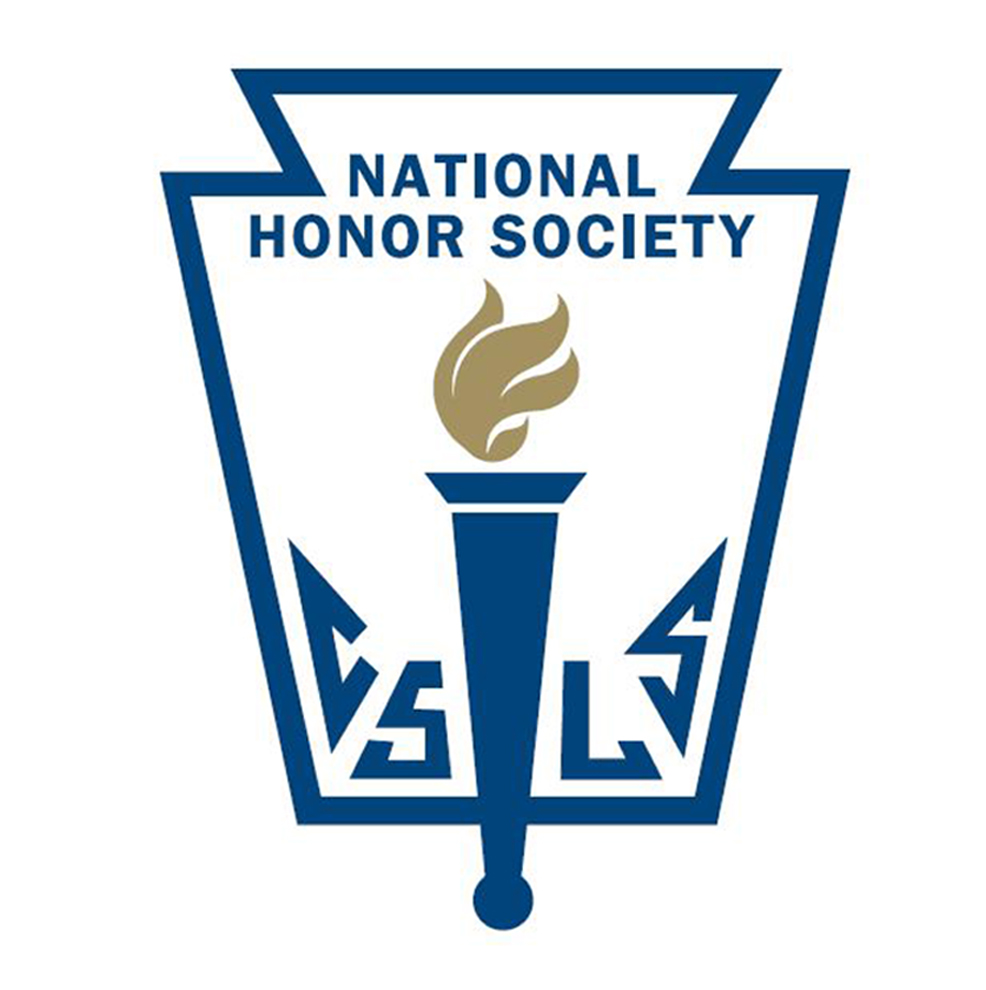 The National Honor Society logo features a blue keystone shape with a golden torch.