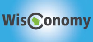 The logo displays the text 'WisConomy' with a green Wisconsin outline inside a circle.