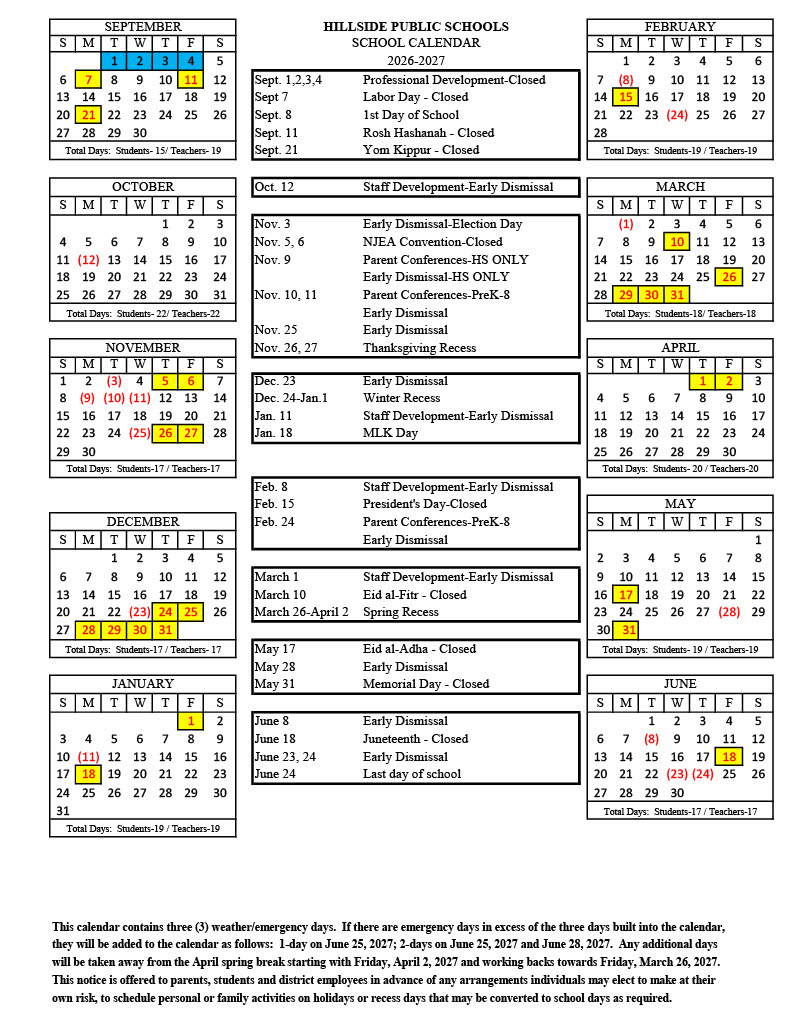 A school calendar for 2026-2027 showing holidays and school breaks.