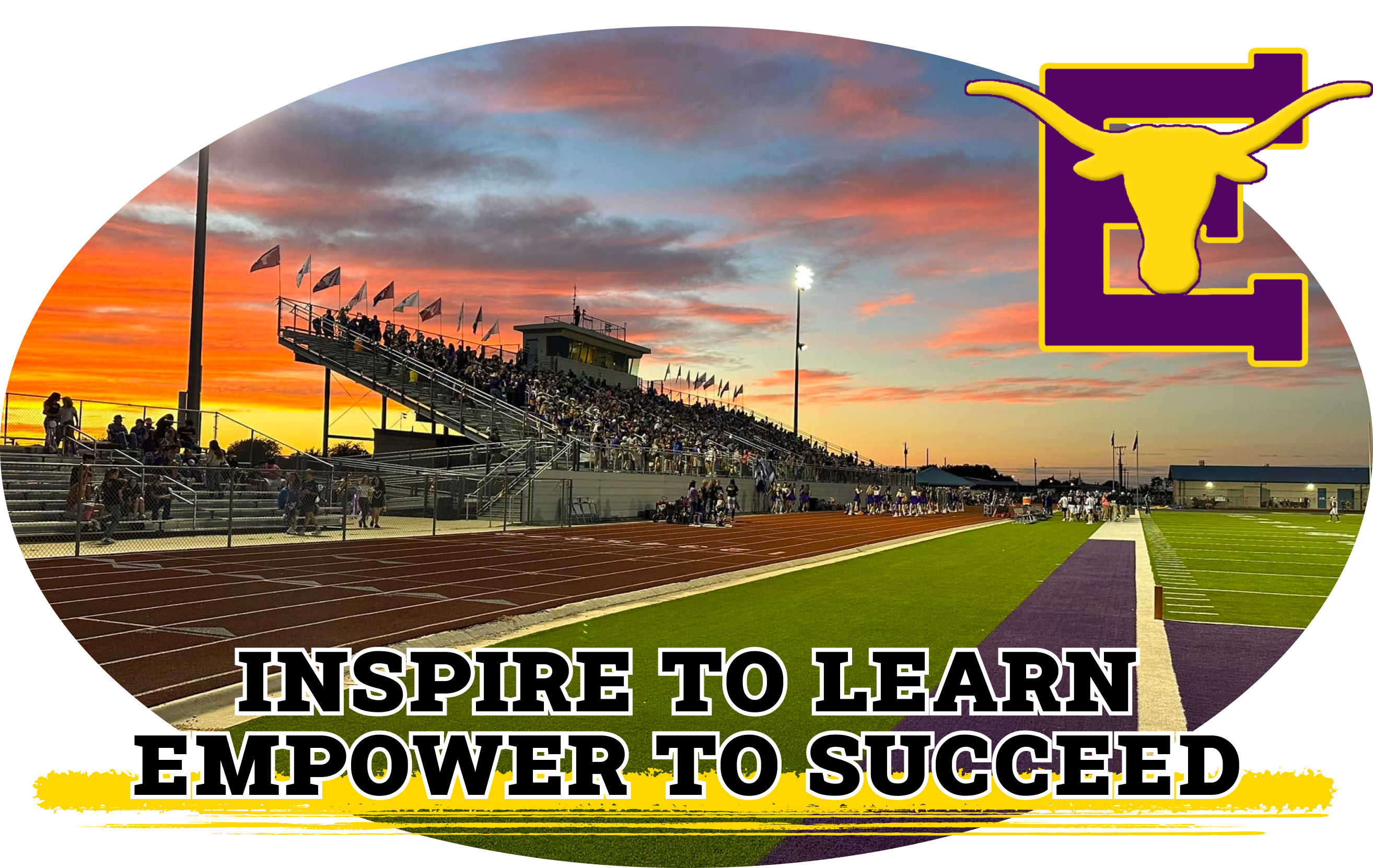 A football stadium at sunset with bleachers full of spectators and the text 'INSPIRE TO LEARN EMPOWER TO SUCCEED'.