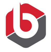 A logo featuring a lowercase letter b inside a red and grey hexagon.